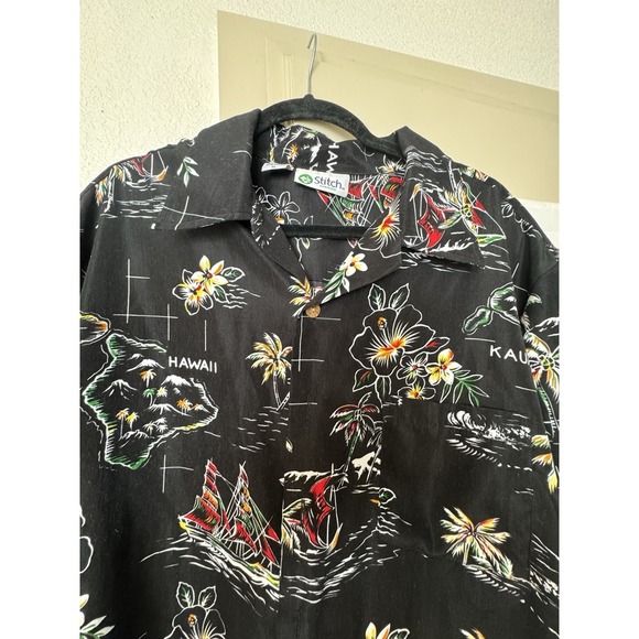 Stitch Hawaiian Aloha Shirt Black XL Tropical Island Map Floral Print - Picture 5 of 7
